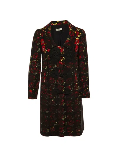 Pre-owned Prada Floral-print Frog-fastening Coat In Black