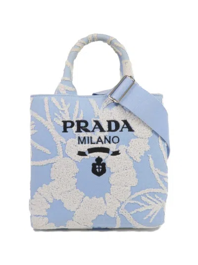 Pre-owned Prada Floral-print Logo-embroidered Tote Bag In Blue