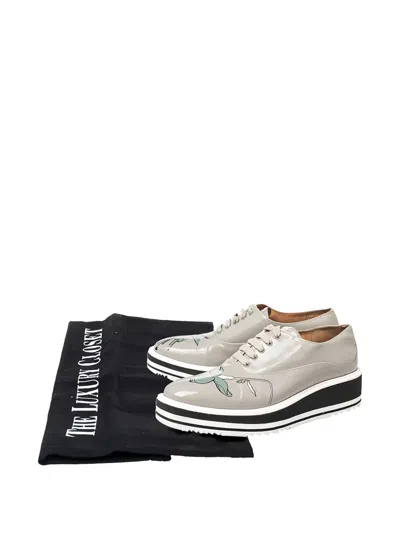 Pre-owned Prada Floral-print Platform Oxfords In Gray