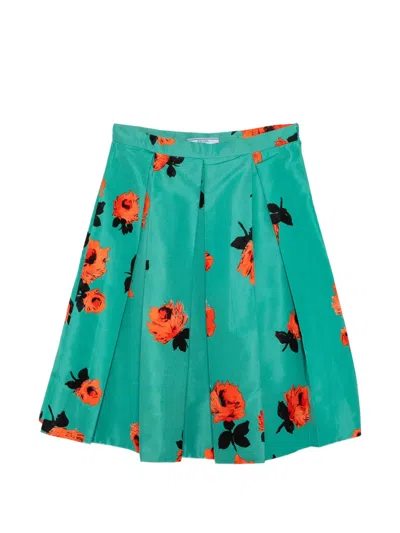 Pre-owned Prada Floral-print Pleated Skirt In Blue