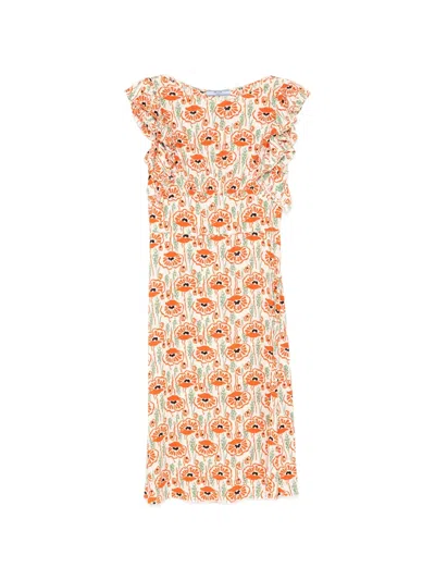 Pre-owned Prada Floral-print Ruffled Dress In Neutral