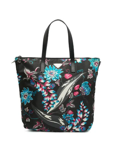 Pre-owned Prada Floral-print Saffiano Leather-trim Tote Bag In Black