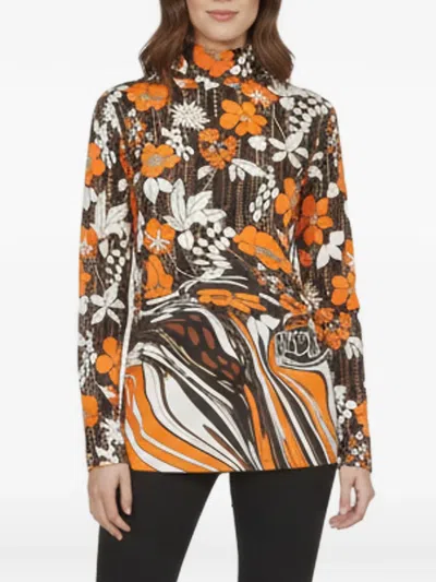 Pre-owned Prada Floral-print Turtleneck Top In Brown