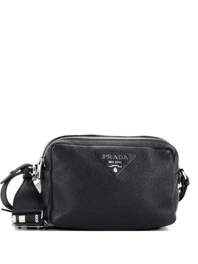 Pre-owned Prada Flou Camera Vitello Daino Small Crossbody Bag In Black
