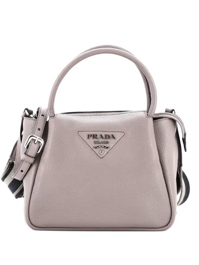 Pre-owned Prada Flou Zipped Top Handle Bag Vitello Daino Small Tote Bag In Gray