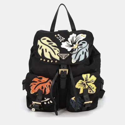 Pre-owned Prada Flower Backpack Black/multicolor Nylon Leather
