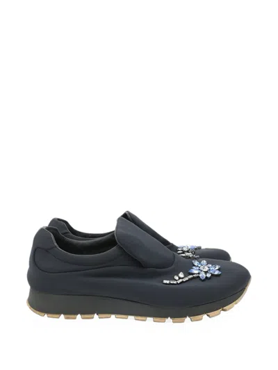 Pre-owned Prada Flower Crystal-embellished Sneakers In Black