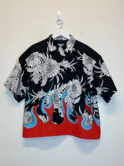 Pre-owned Prada Flower Flame Print Bowling Shirt In Black