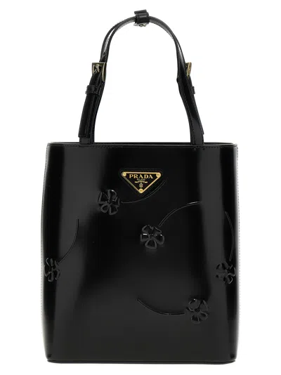 Prada Flower Mini Shopping Bag In Black