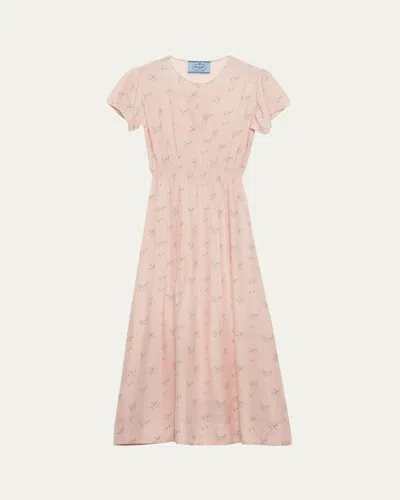 Prada Flower-print Silk Ponge Short-sleeve Midi Dress