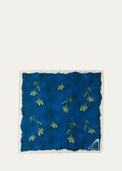 Prada Floral-print Twill Scarf In Blue