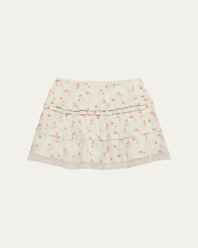 PRADA FLOWER PRINT TIERED RUFFLE LINEN MINI SKIRT