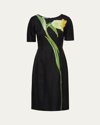 Prada Flower Twill Dress In Nero