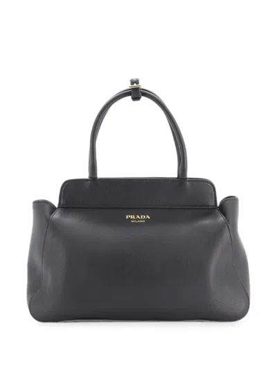 Pre-owned Prada Frame Soft Grain Leather Medium Tote Bag In Black