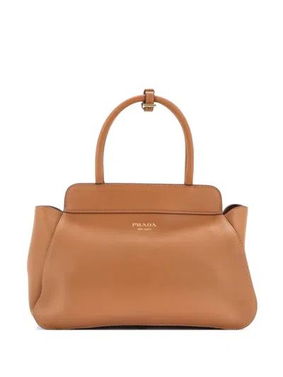 Pre-owned Prada Frame Soft Grain Leather Medium Tote Bag In Brown