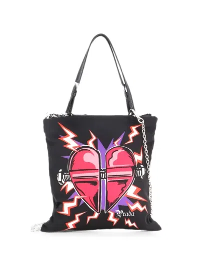Pre-owned Prada Frankenstein Flat Printed Tessuto Mini Tote Bag In Black