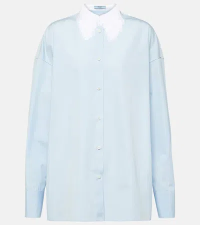 Prada Fringe-trimmed Cotton Poplin Shirt In Blue