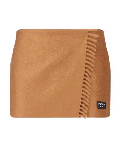 Prada Fringe Cashmere Scarf Mini Skirt In Brown