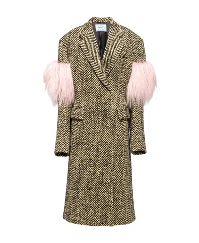 Prada Double-breasted Chevron And Shearling Coat In Multi
