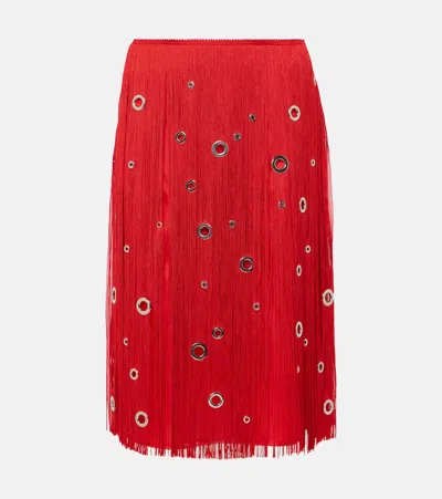 PRADA FRINGED EMBELLISHED SILK MIDI SKIRT