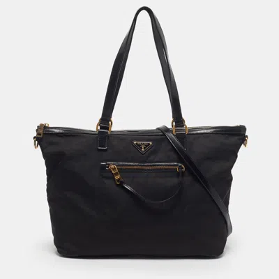 Pre-owned Prada Front Pocket Black Leather And Nylon Tote