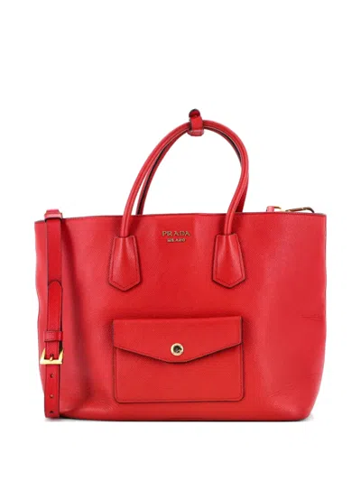 Pre-owned Prada Front Pocket Convertible Saffiano Leather Tote Bag In Red