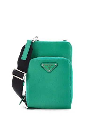 Pre-owned Prada Front Pocket Phone Holder Saffiano Leather Crossbody Bag In Green