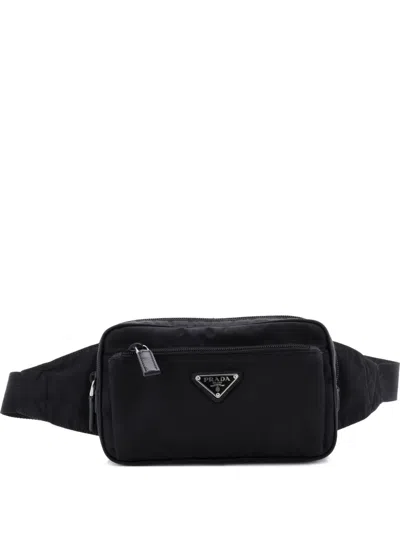 Pre-owned Prada Front Pocket Re-nylon With Saffiano Leather Belt Bag In Black