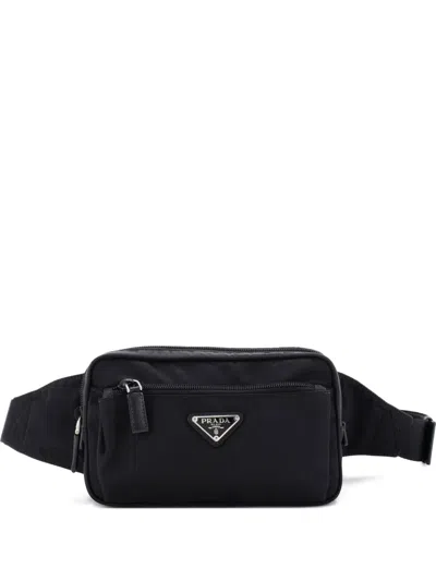 Pre-owned Prada Front Pocket Re-nylon With Saffiano Leather Belt Bag In Black