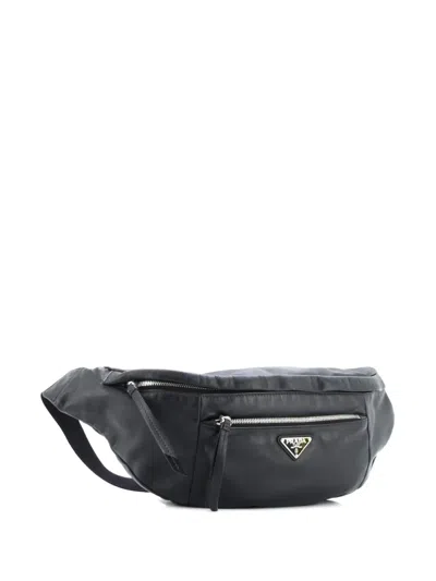 Pre-owned Prada Front Pocket Soft Calfskin Large Belt Bag In Black