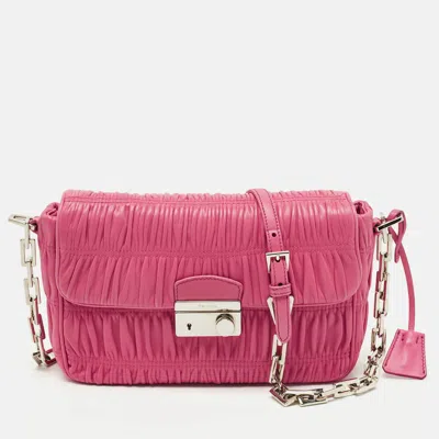 Pre-owned Prada Fuchsia Nappa Gaufre Leather Flap Shoulder Bag In Pink