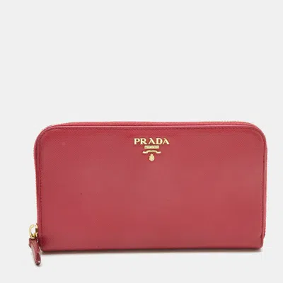 Pre-owned Prada Fuchsia Saffiano Metal Leather Logo Zip Around Wallet In Pink