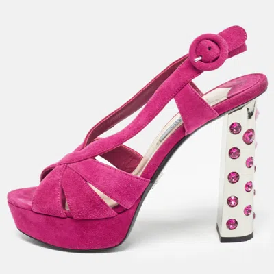 Pre-owned Prada Fuchsia Suede Crystal Embellished Platform Sandals Size 36.5 In Pink