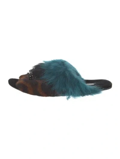 Pre-owned Prada Fur Animal Print Slides In Black/blue/brown