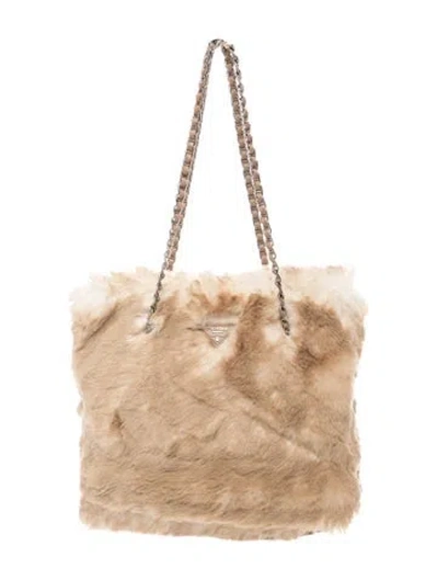 Pre-owned Prada Fur Faux Fur Chain Tote Medium In Neutral