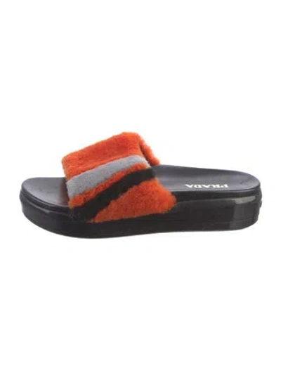 Pre-owned Prada Fur Fur Trim Slides In Orange