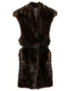 Prada Fur Belted Gilet In Braun