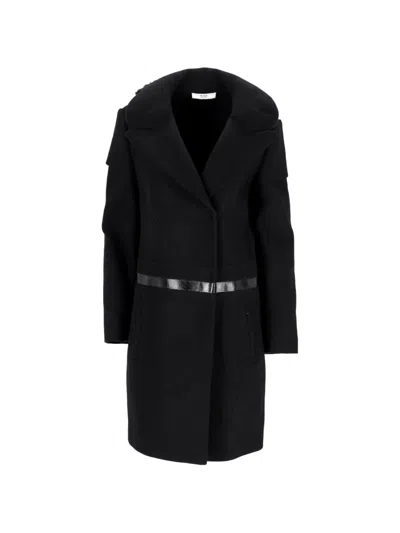 Pre-owned Prada Fur Trim Wool Coat In Black