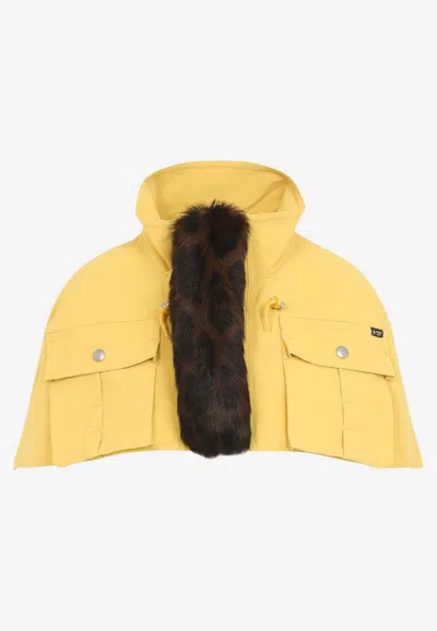 Prada Fur-panel Hooded Cape In Yellow