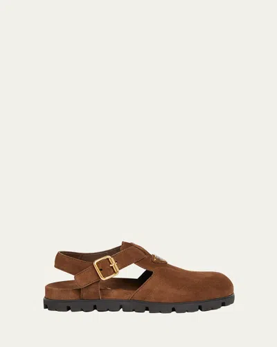 Prada Fussbett Suede Buckle Clogs In Cacao