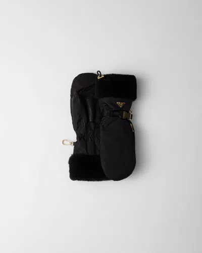 Prada Re-nylon And Shearling Mittens In Black
