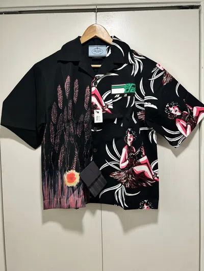 Pre-owned Prada F/w 18 Split Hawaiian Print Shirt Bowling In Black