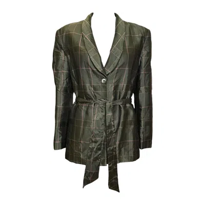 Pre-owned Prada F/w 1997 Olive Iridescent Windowpane-check Quilted Belted Blazer In Black