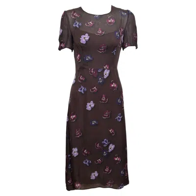 Pre-owned Prada F/w 2000 Brown Silk Chiffon Pansy-print Midi Dress With Slip