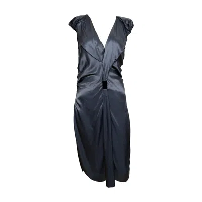 Pre-owned Prada F/w 2009 Slate Grey Satin Ruched Deep-v Midi Dress In Gray