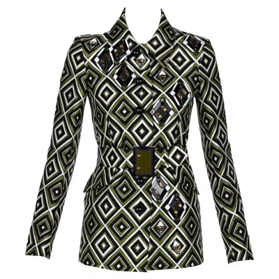 Pre-owned Prada F/w 2012 Geometric Print Crystal & Plexi Embellished Belted Jacket In Black