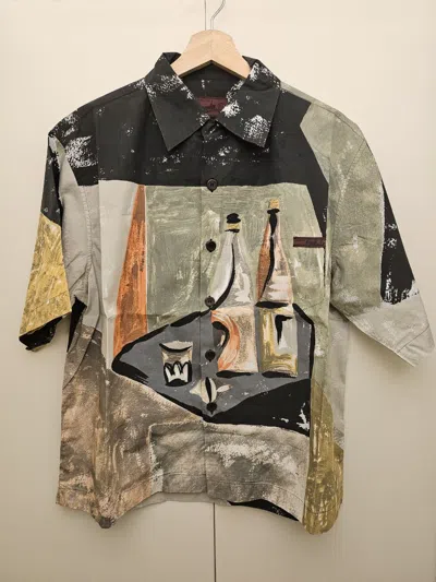 Pre-owned Prada Fw17 Aw17 Wine Bottle Painting Camp Collar Bowling Shirt In Multi