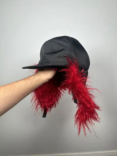 Pre-owned Prada Fw19 Runway Nylon Logo Fur Trapper Hat In Black