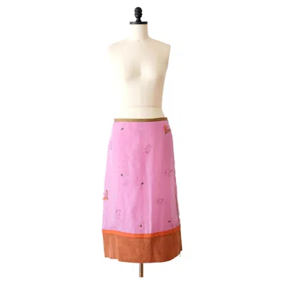 Pre-owned Prada Fw1999 Pink Silk And Suede Leaf Appliqu� Skirt (xs/s)