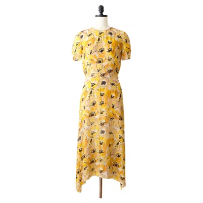 Pre-owned Prada Fw2000 Yellow Silk Poppy Print Midi Dress (s)